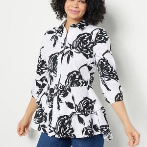 Truth + Style White Black Floral Poplin Peplum Ruffle Tunic Blouse Shirt Top 3X